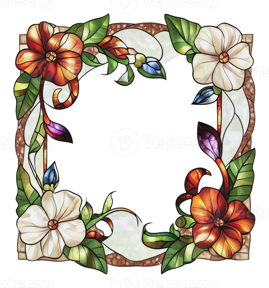 Vibrant floral border in stained glass png