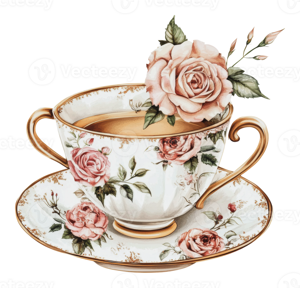 Elegant tea cup with floral design and rose png