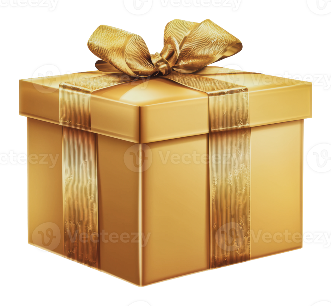 Golden wrapped gift box with ribbon on a table png