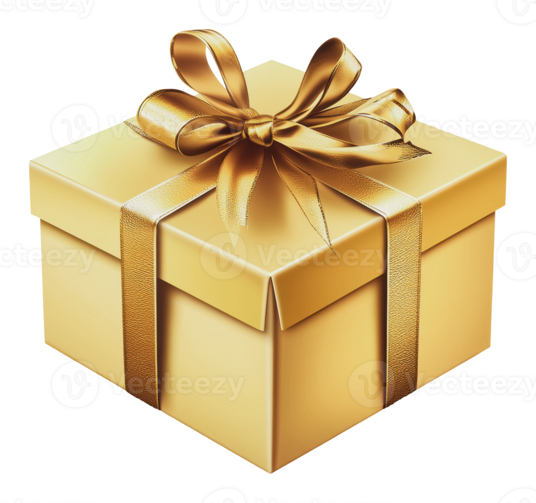 Gift-wrapped golden box with a shiny bow on top png