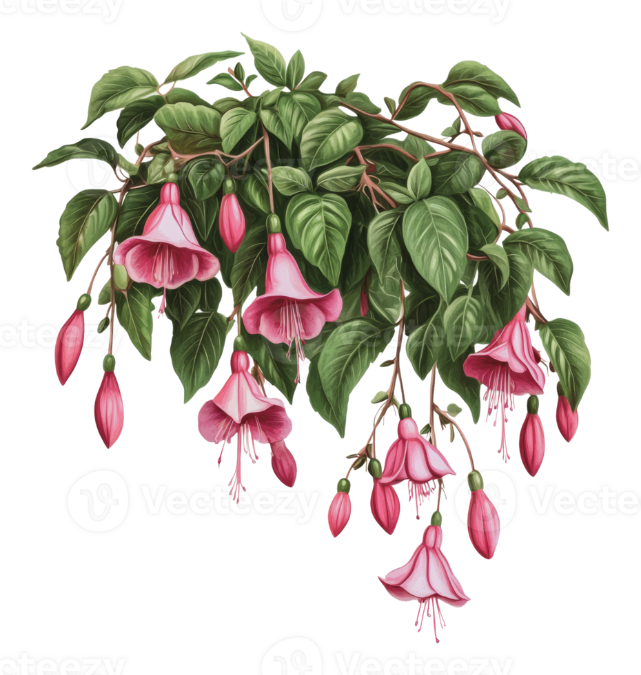 Beautiful pink fuchsia flowers with green leaves png