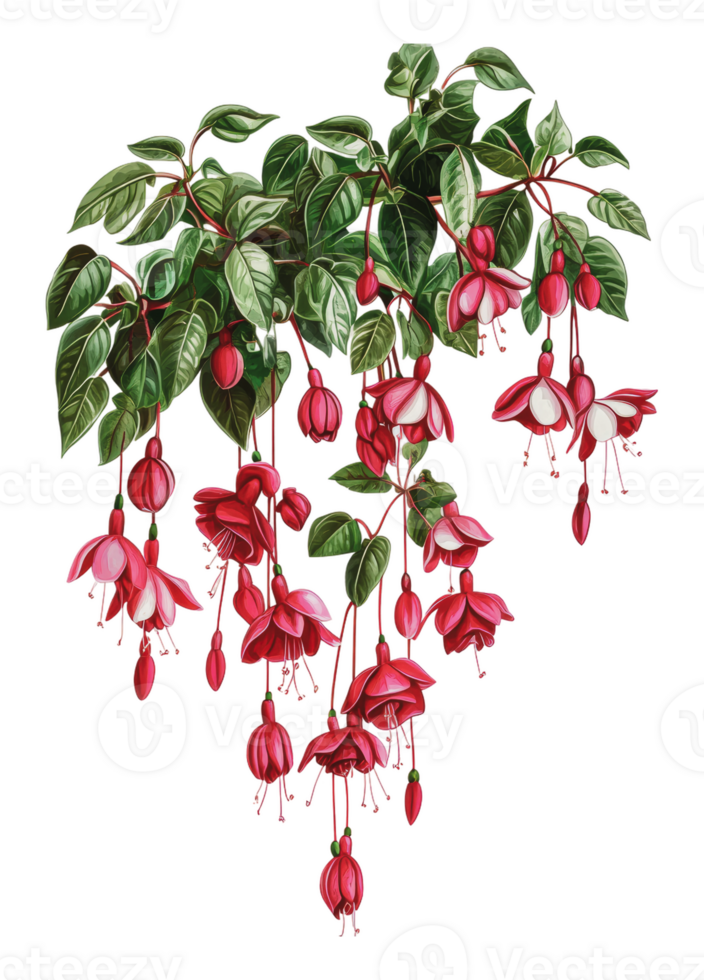 Vibrant fuchsia flowers hanging from green leaves png