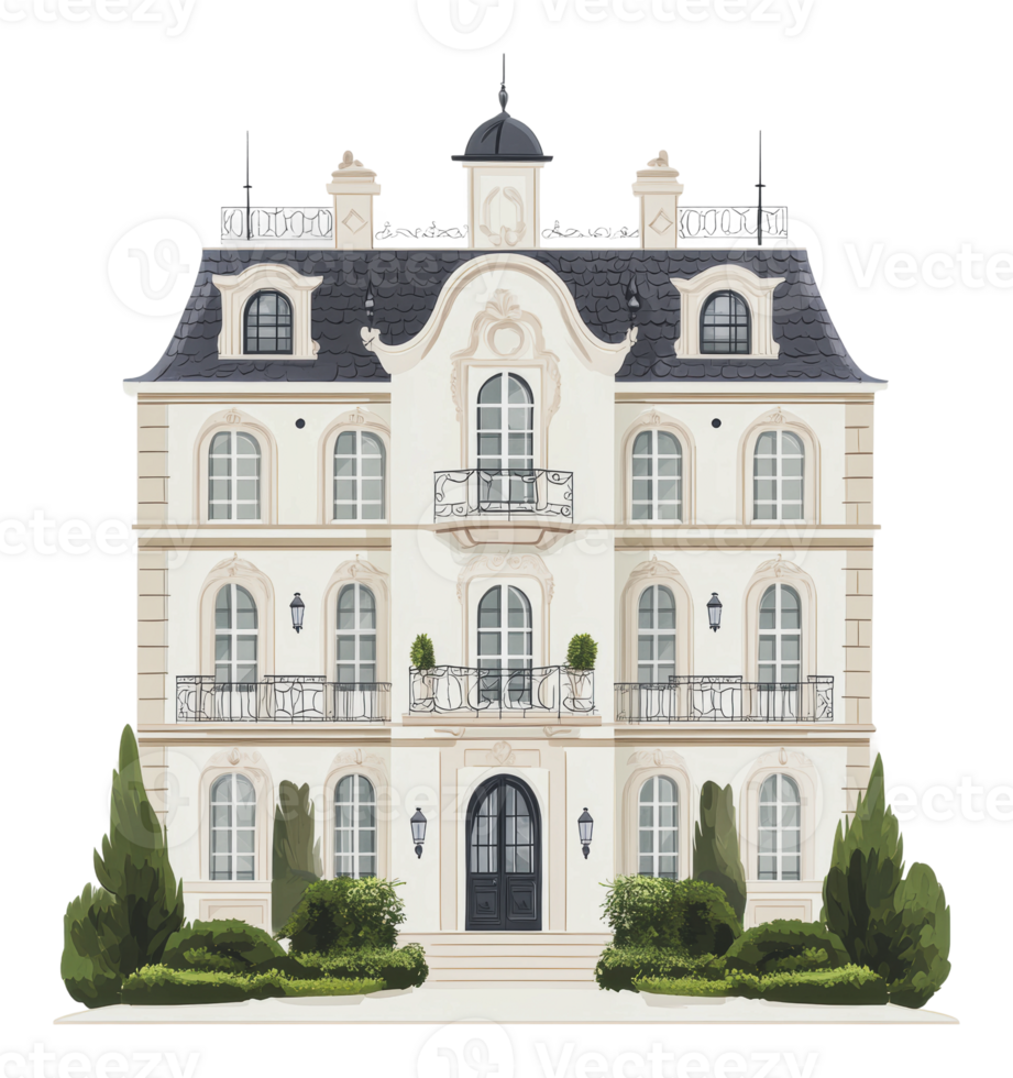 Elegant white mansion with spring balconies png