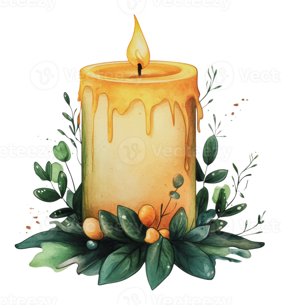A tall yellow candle surrounded by green leaves png