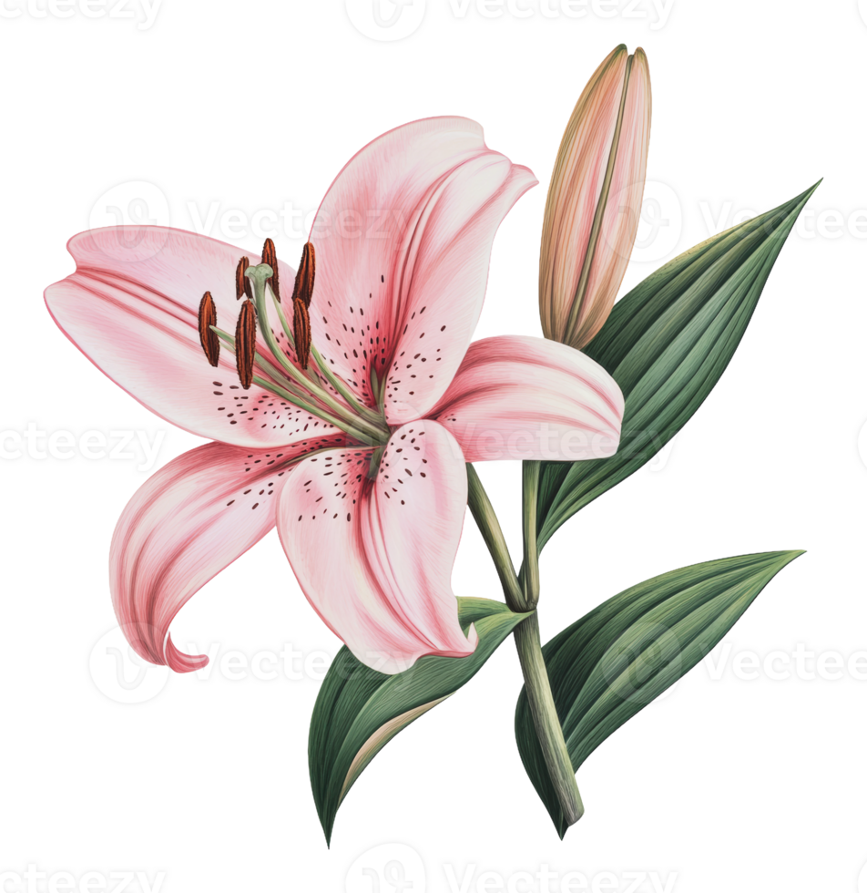 Pink lily blooming with green leaves in spring png