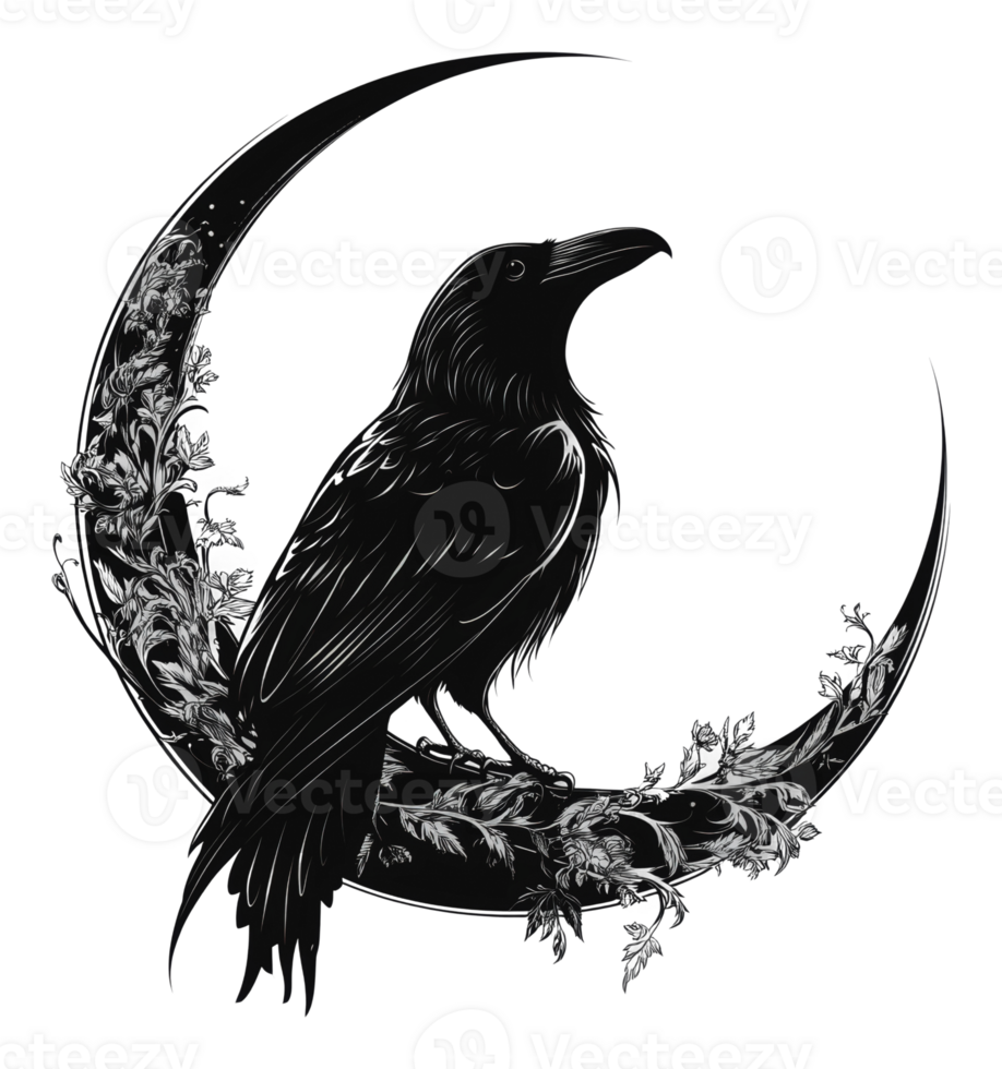 Black raven perched on decorative crescent moon png