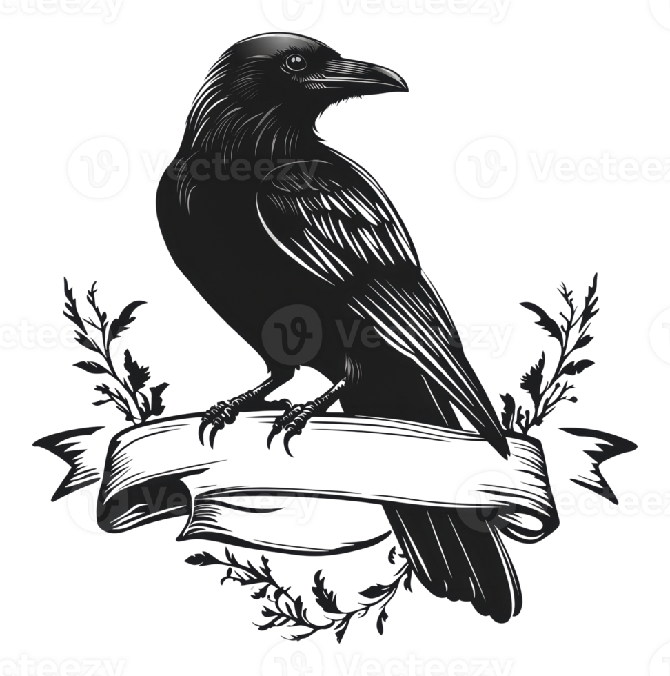 Elegant black raven perched on decorative banner png