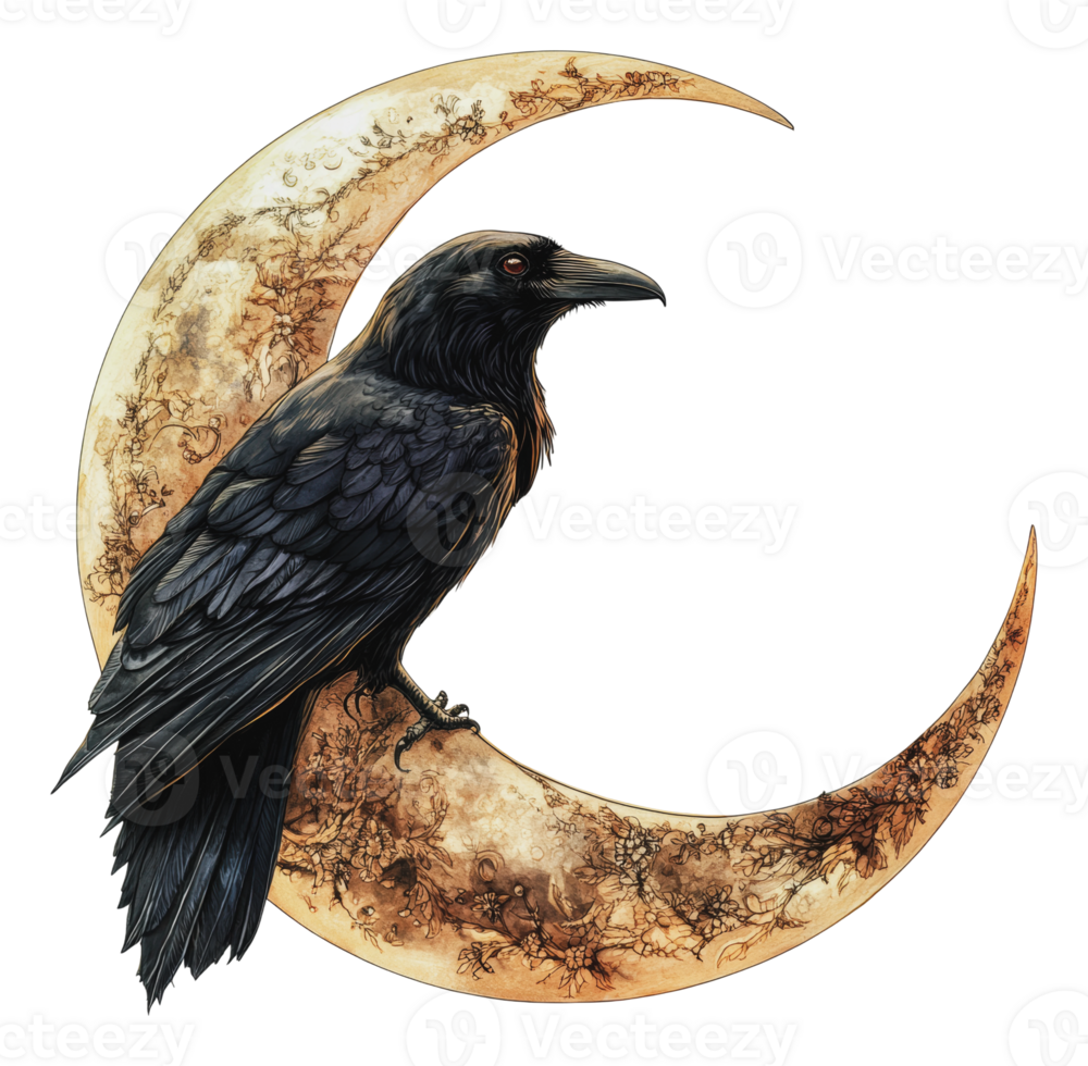 Raven on crescent moon, intricate details png