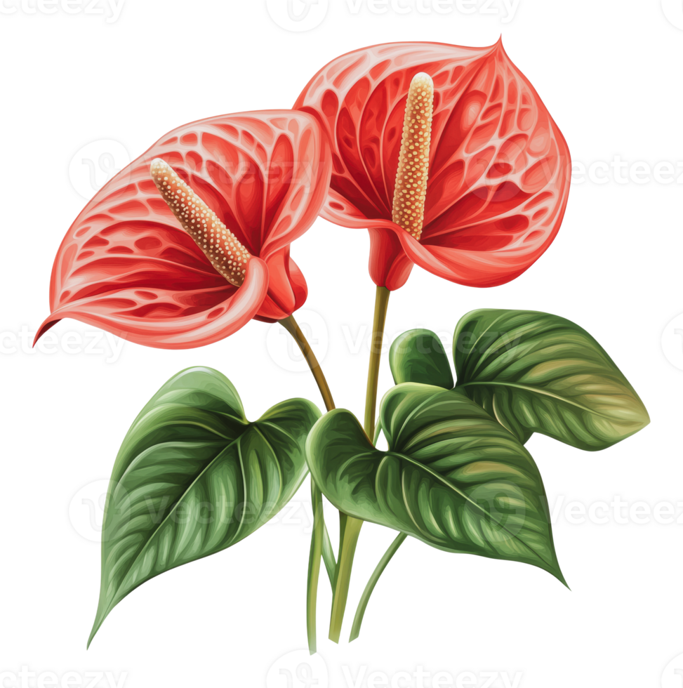 Red anthurium flowers with green leaves png