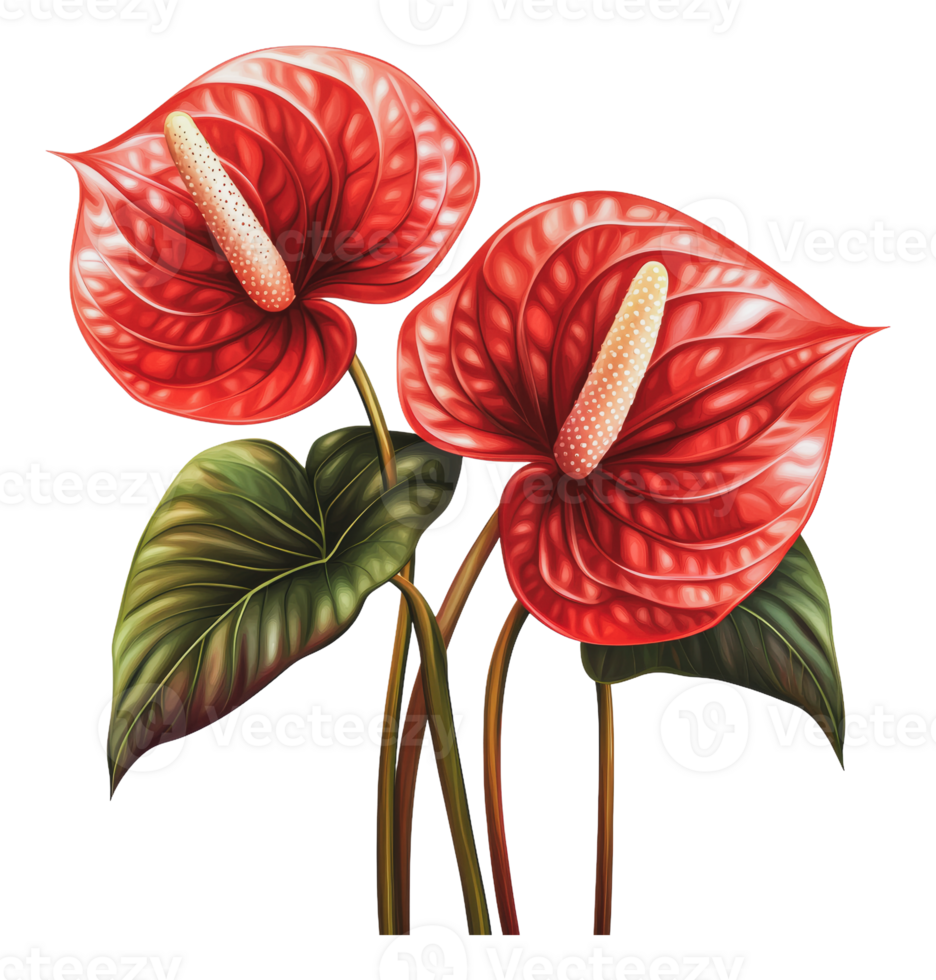 Vibrant red anthurium flowers with green leaves png