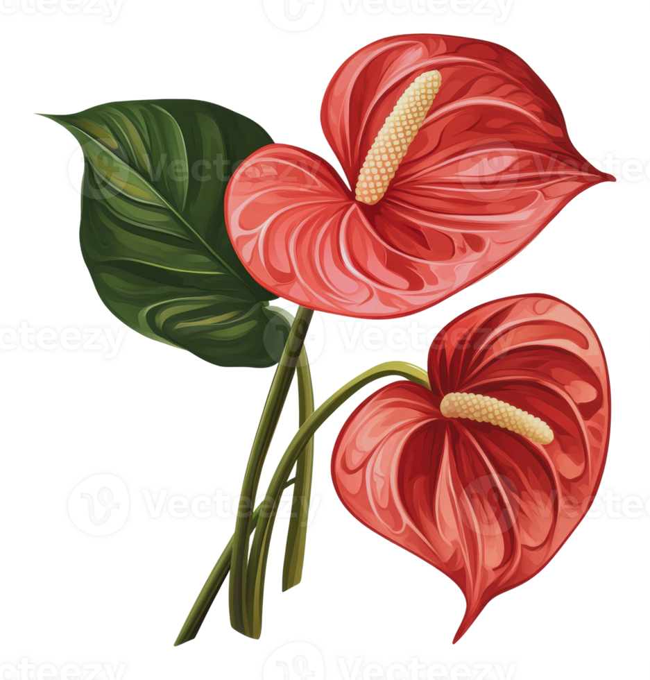 Beautiful red anthurium flowers on green leaves png