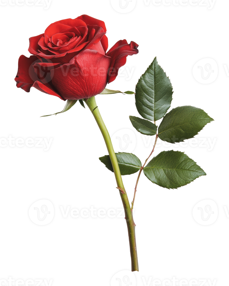 Beautiful red rose with green leaves on display png