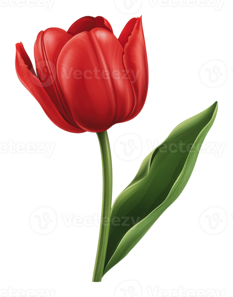 Bright red tulip with green leaves on a stem png