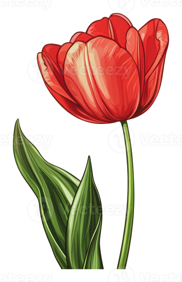 Bright red tulip with green leaves in full bloom png