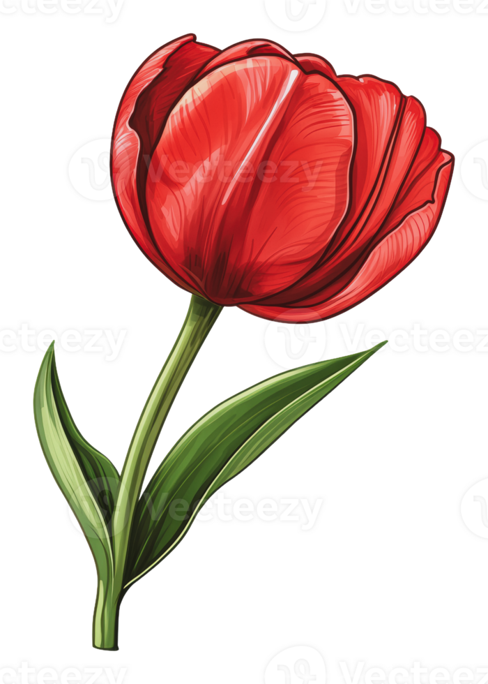 Red tulip with green leaves on white png