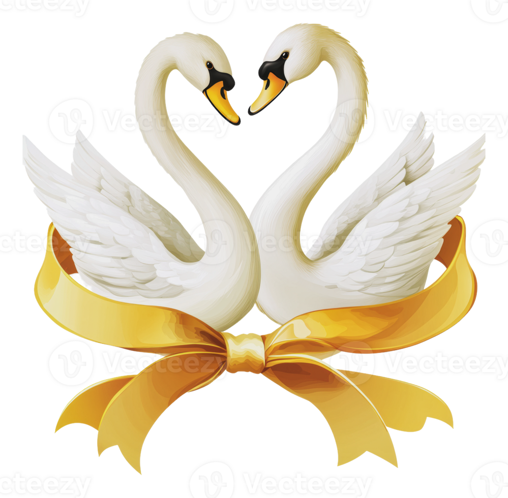 Two elegant swans touching beaks with a ribbon png