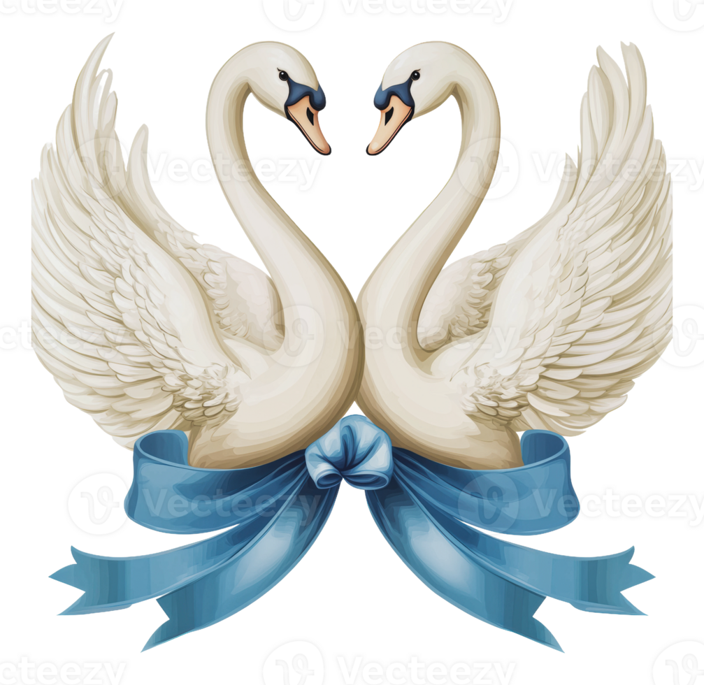 Elegant swans forming a heart shape with ribbons png