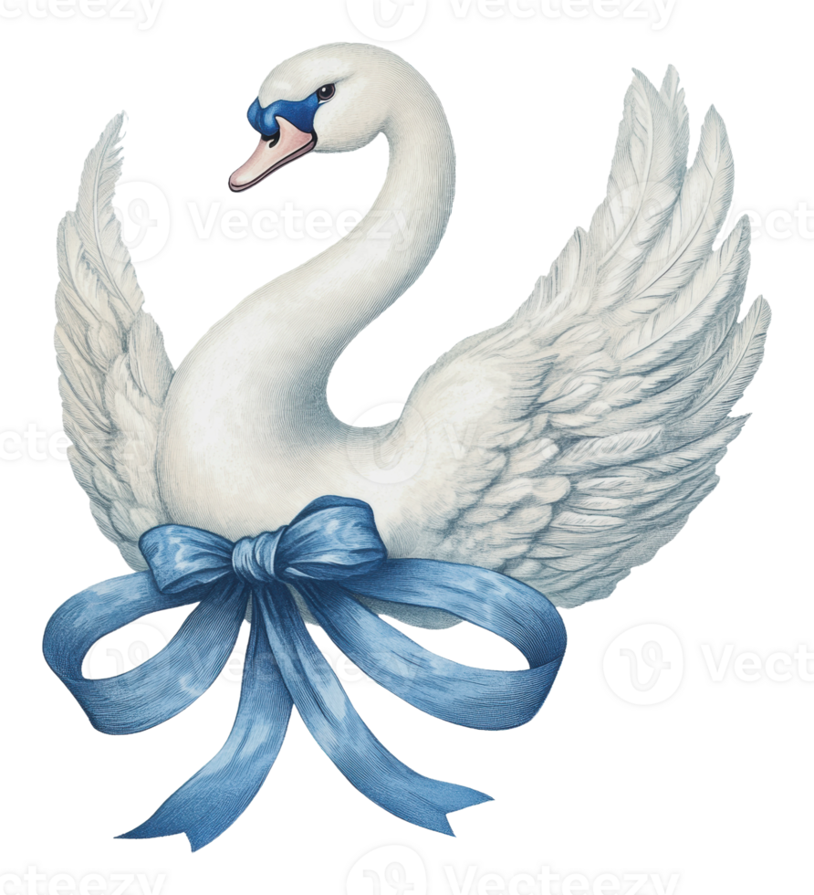 Elegant white swan with blue ribbon and wings png