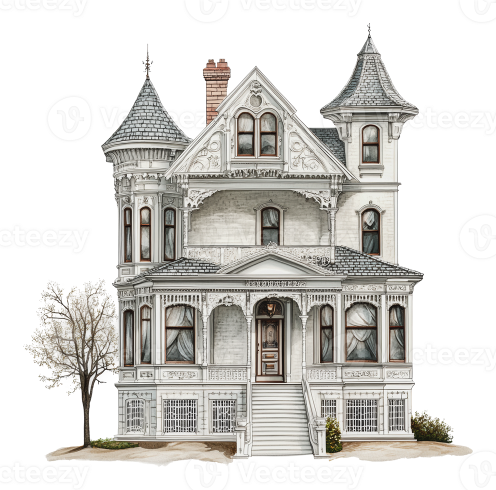 Victorian house with towers and details png