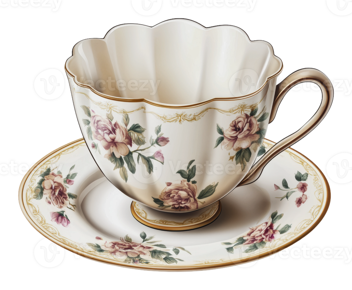 Elegant floral tea cup and saucer on display png