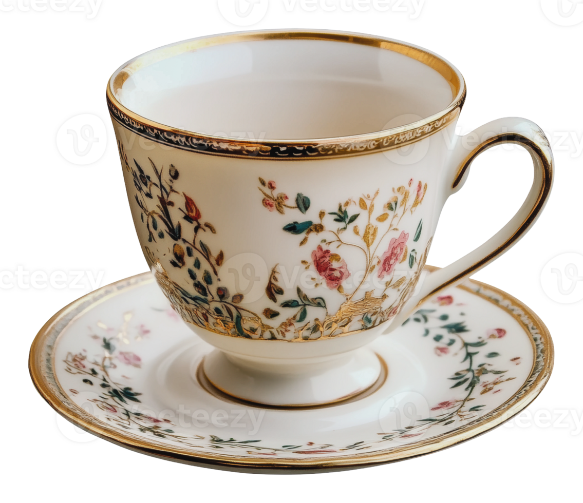 Floral porcelain tea cup and saucer png