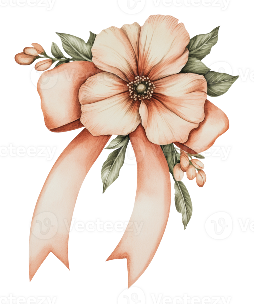 Peach flower with ribbon and leaves png