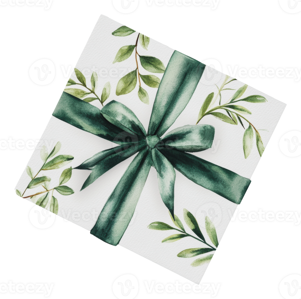 Gift with green ribbon and leaves png