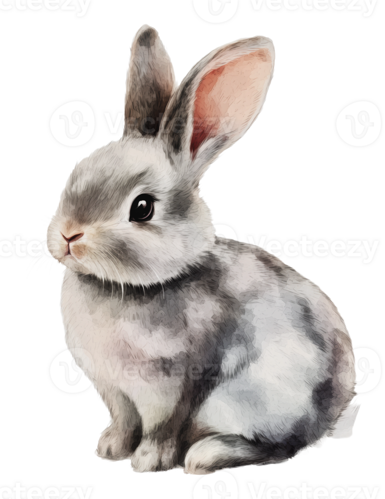 A cute grey rabbit with large ears sits calmly png