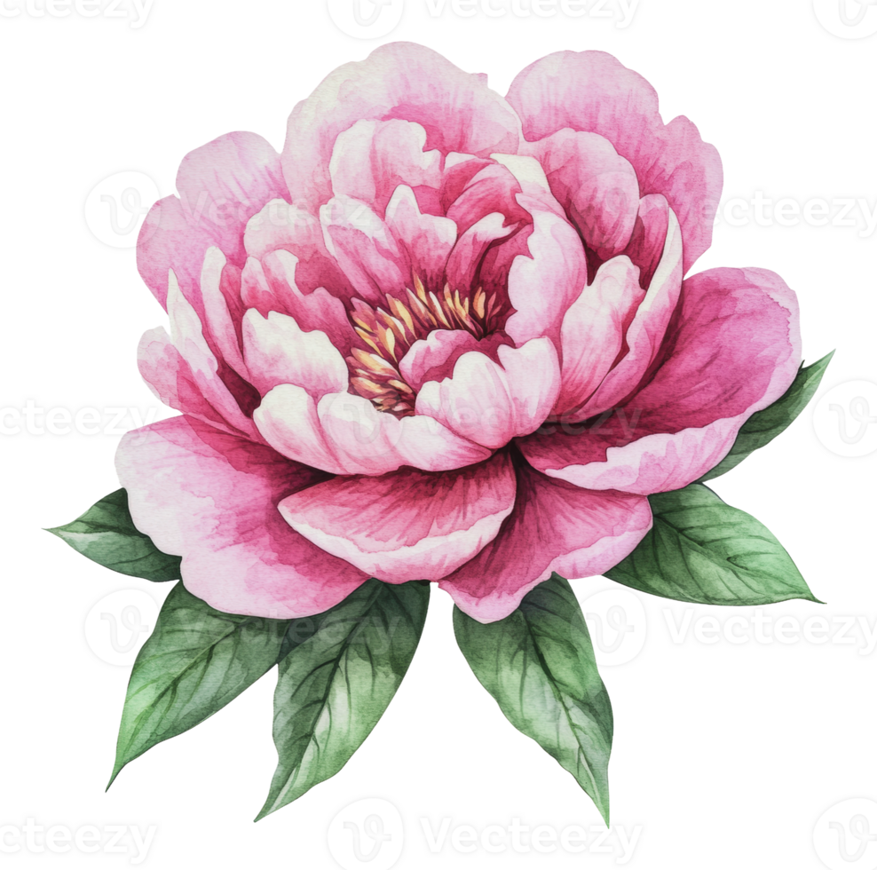 Beautiful pink peony flower with green leaves png