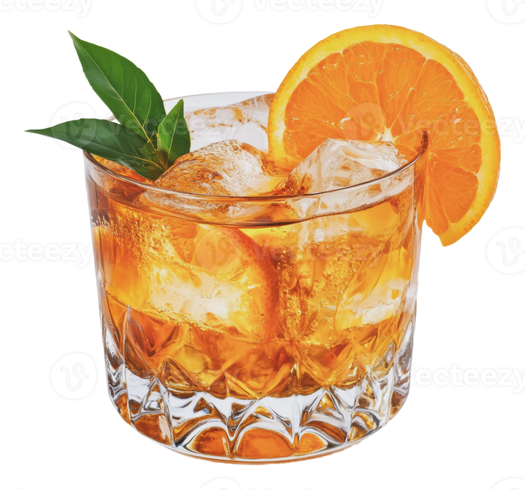 Refreshing orange drink with ice and green leaves png