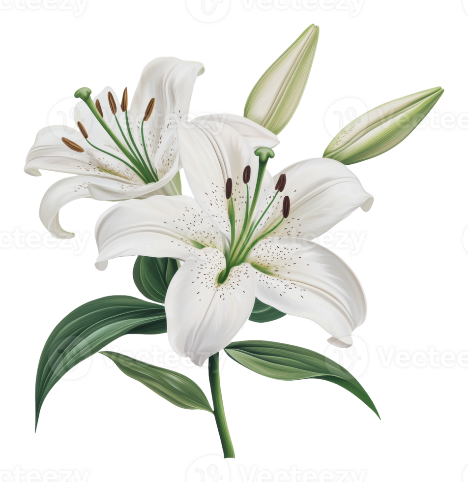 Blooming white lilies on plain backdrop png