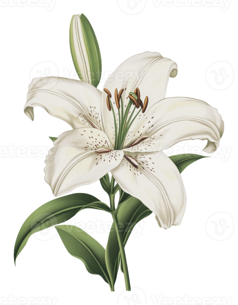 Spring white lily bloom with green leaves png