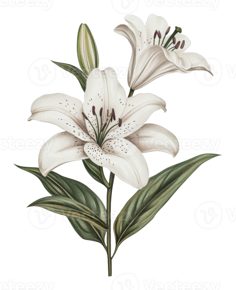 Beautiful white lilies with green leaves in bloom png