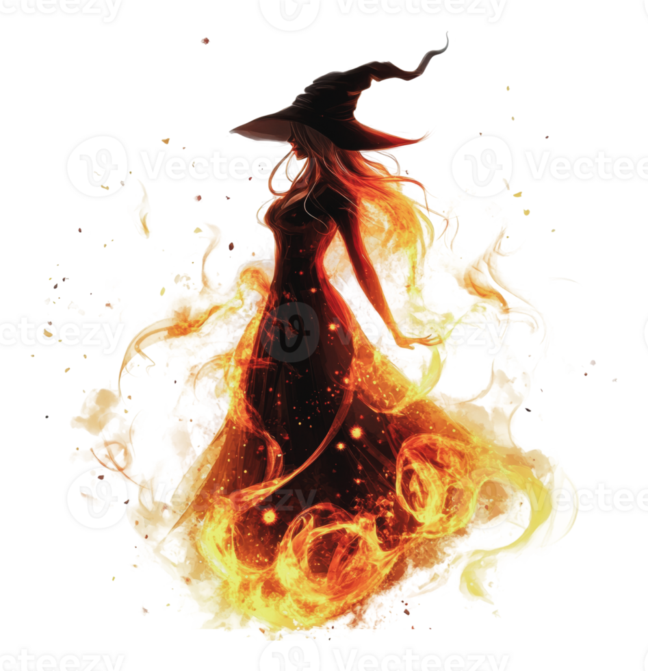 Enchanting witch in flames during a mystical night png