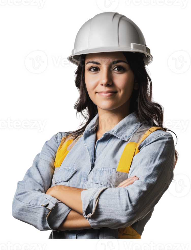 Confident woman in hard hat poses png