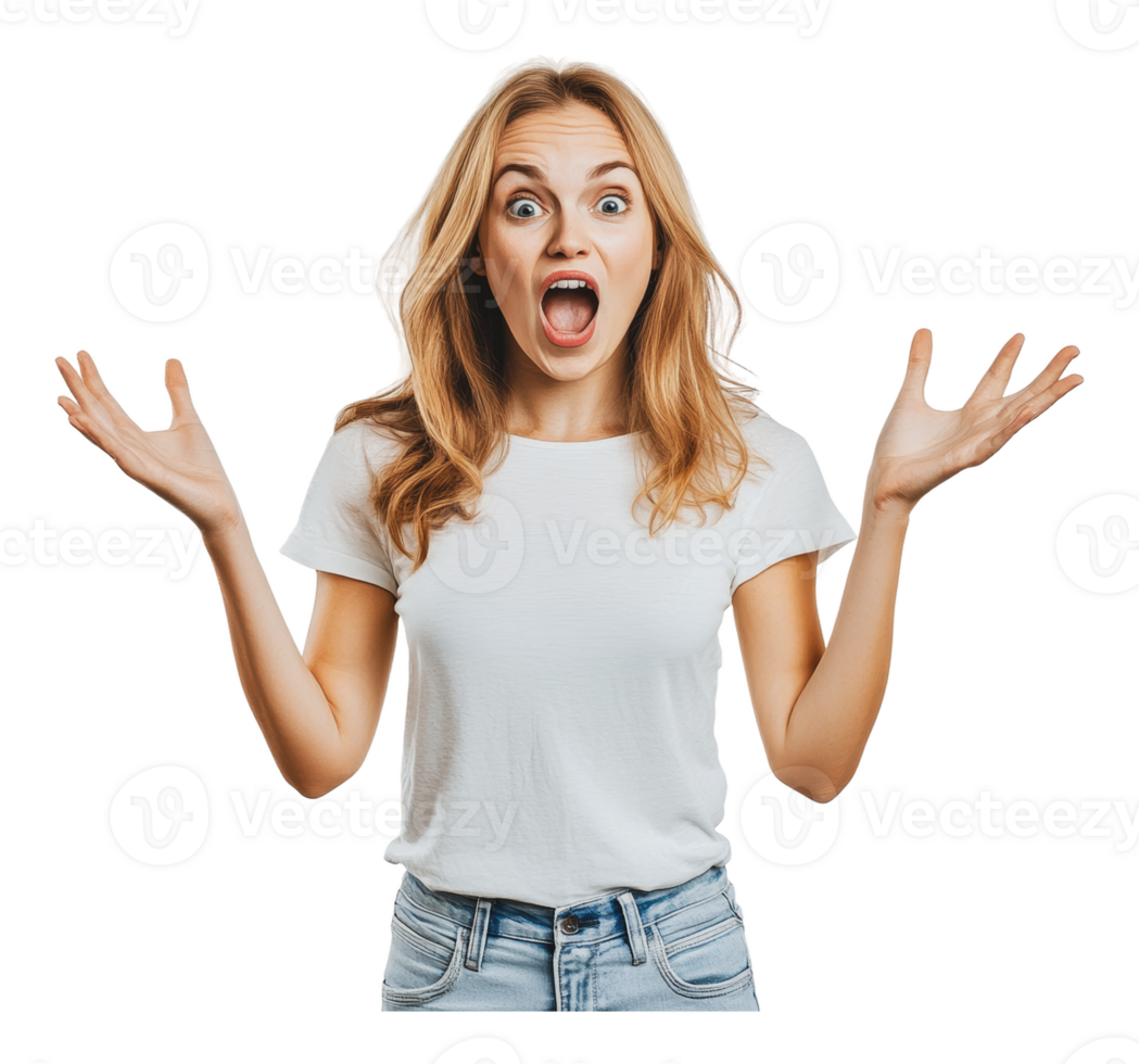 Excited young woman expressing joy with open arms png