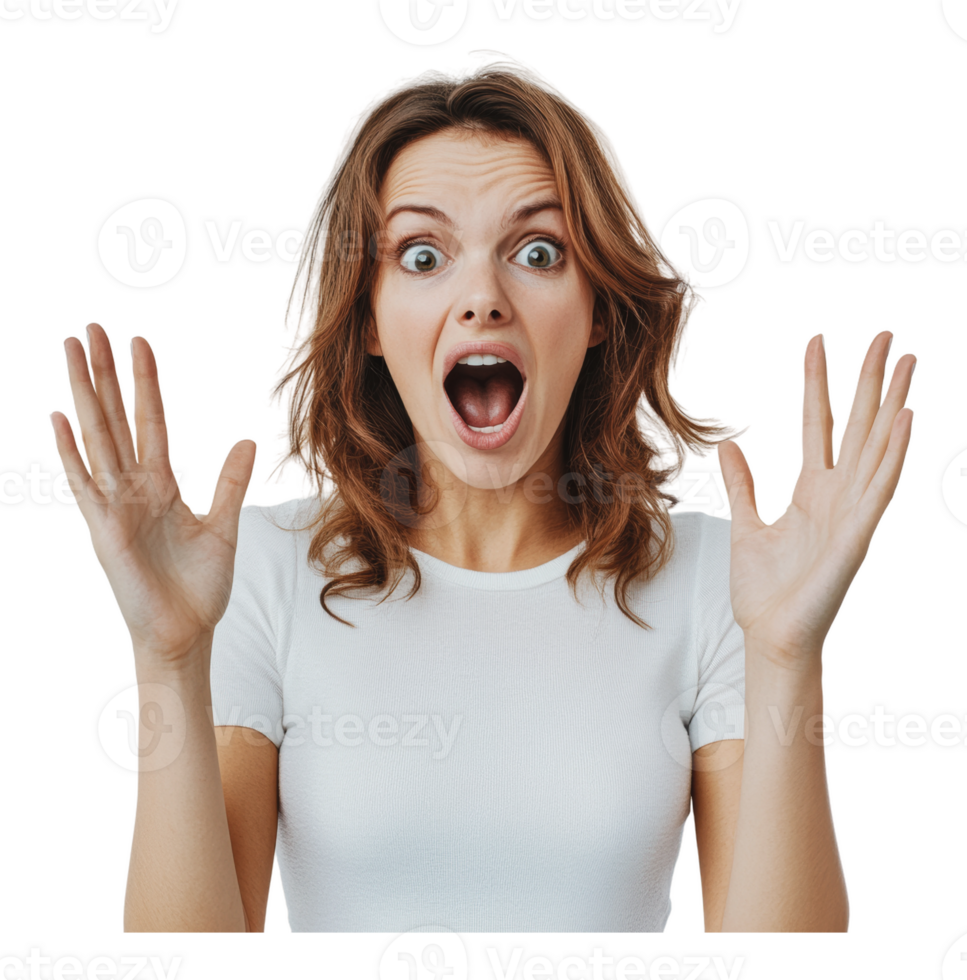 Surprised woman expressing excitement at home png