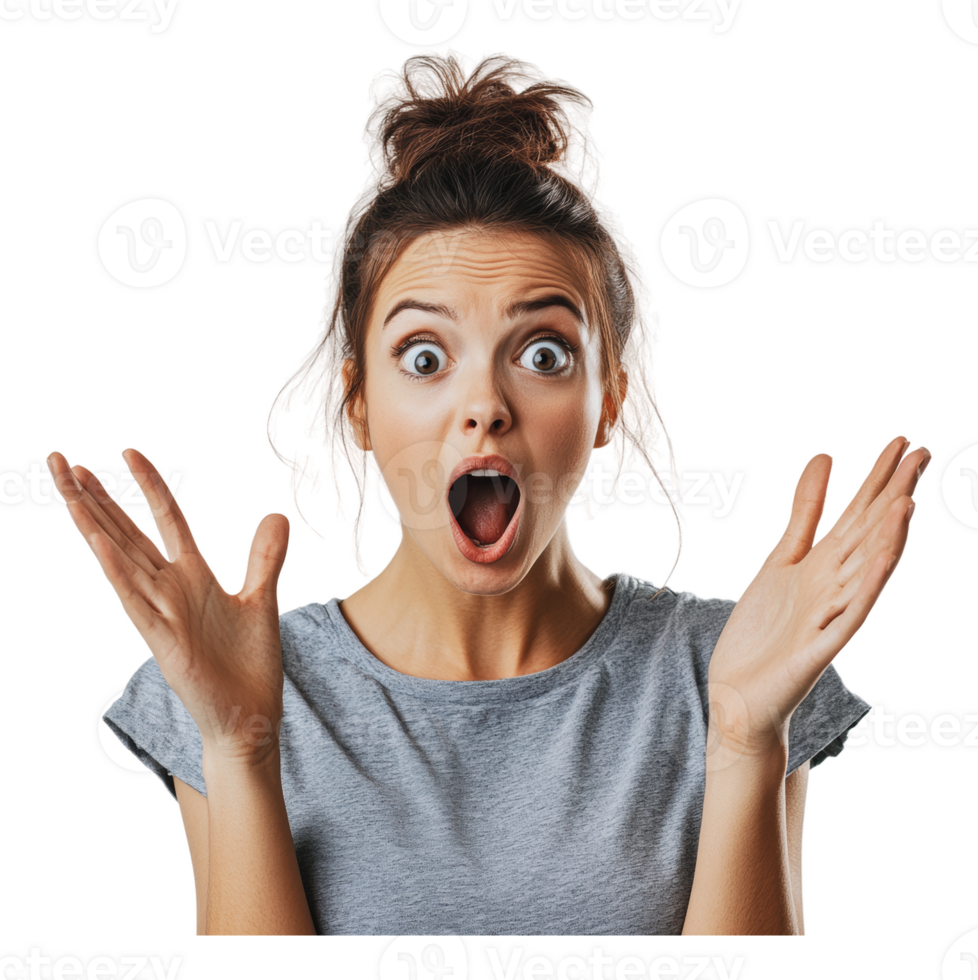 Excited woman expressing surprise indoors png