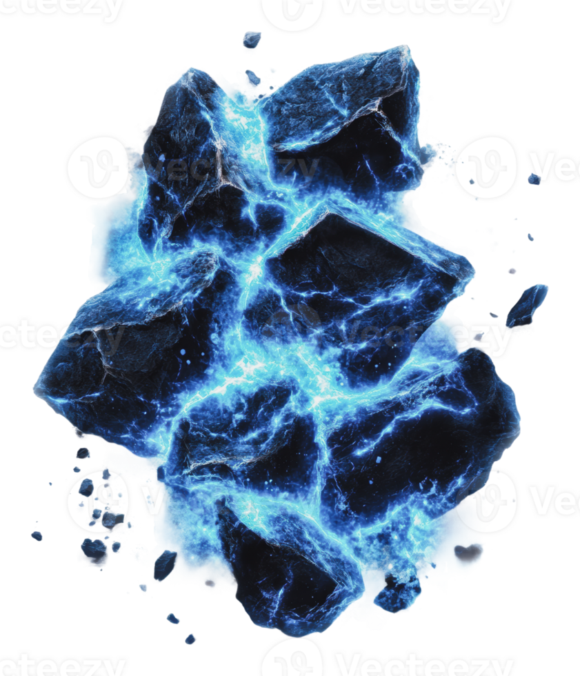 Electric glow on dark rocks, white bg png