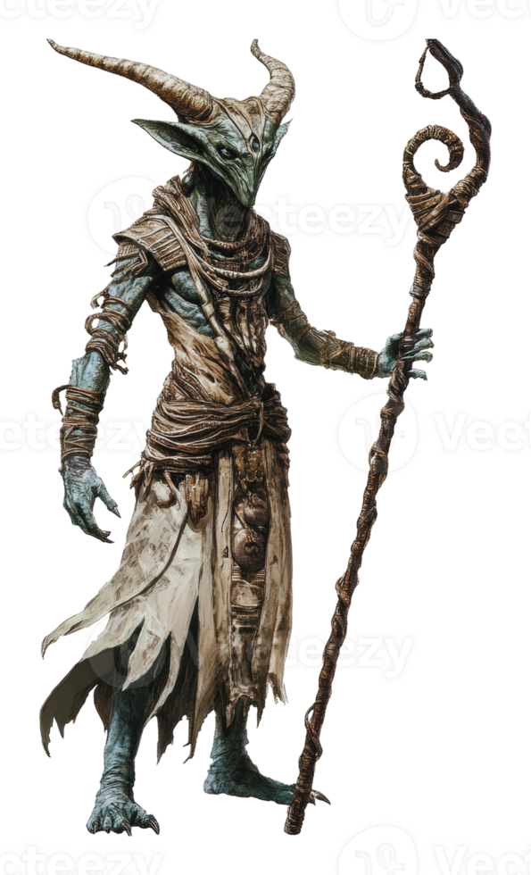 Horned creature in ancient garb with staff png