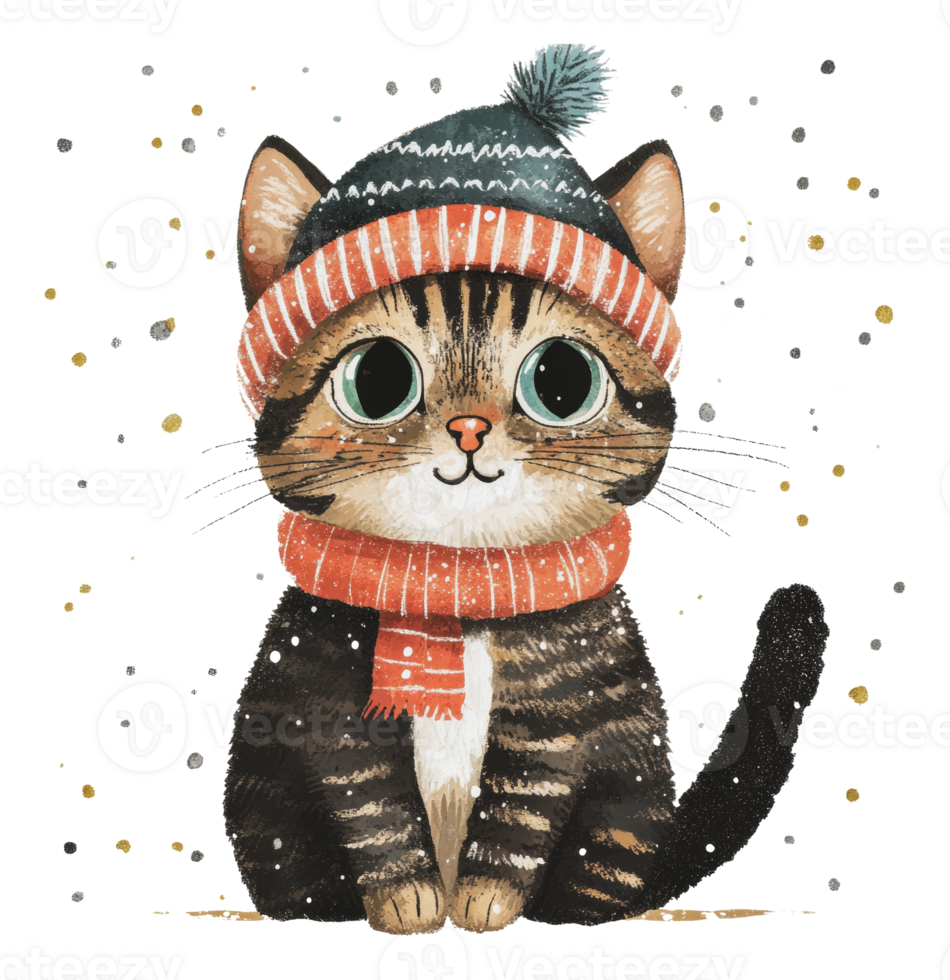 Cat wearing a hat and scarf in winter setting png
