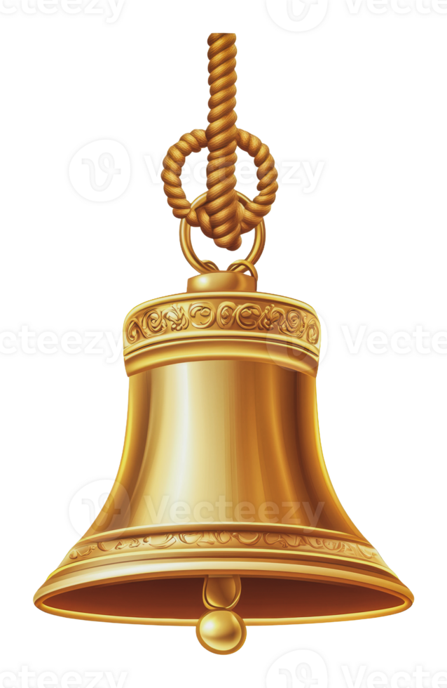Golden bell hanging from a rope in bright light png
