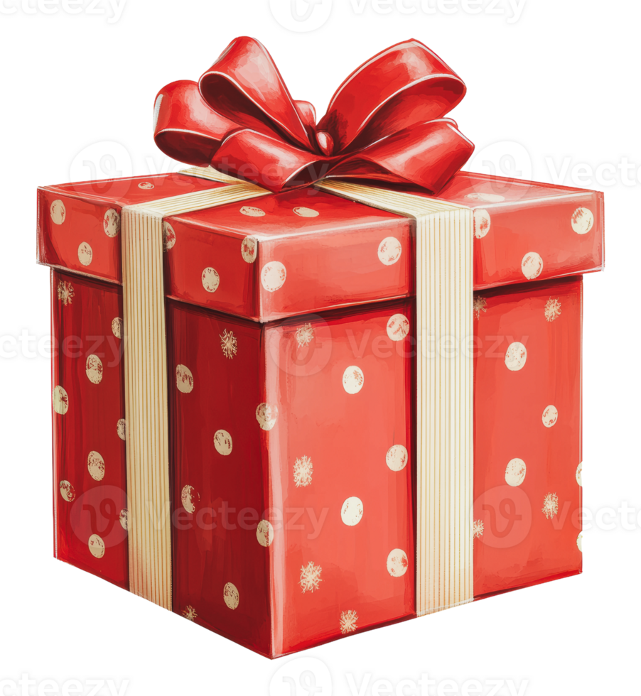 Brightly wrapped red gift box with festive bow png
