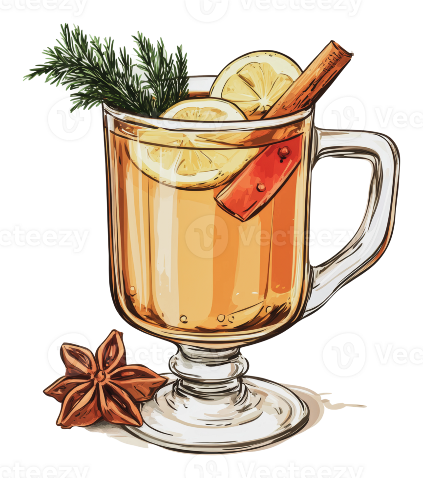 Warm beverage with spices and citrus in glass png