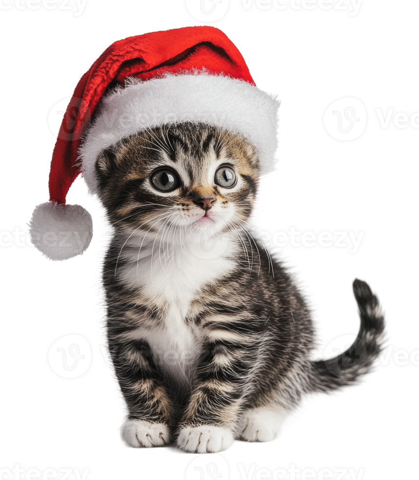 Cute kitten wearing a Christmas hat and posing png