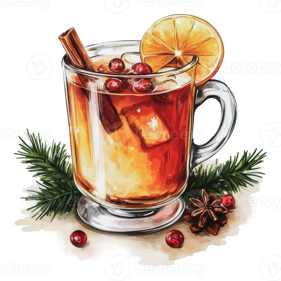 Warm beverage with spices and citrus on display png