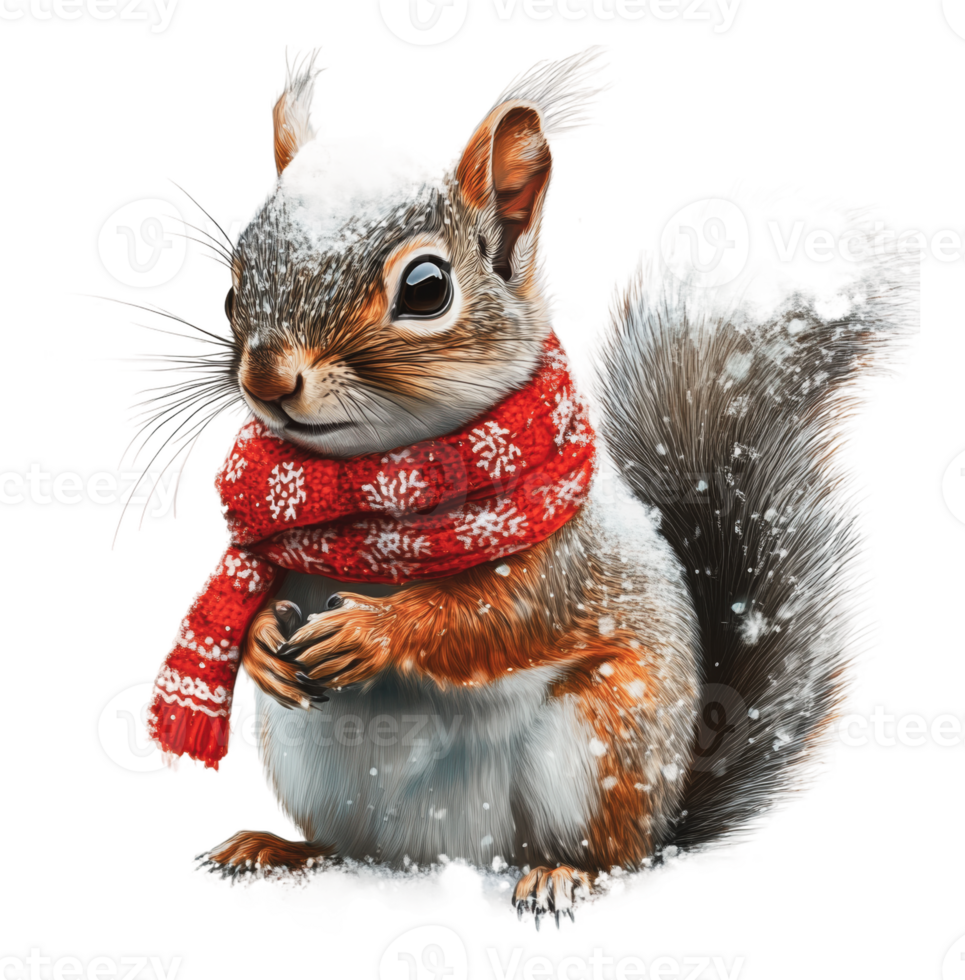 Squirrel enjoying winter in a cozy red scarf png