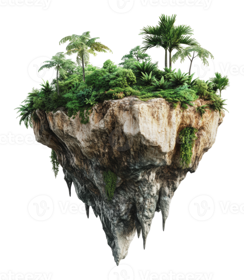 Floating island with lush greenery and trees png