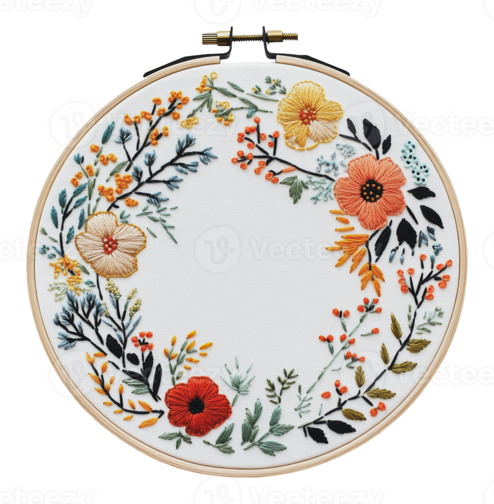 Intricate floral embroidery hoop design png
