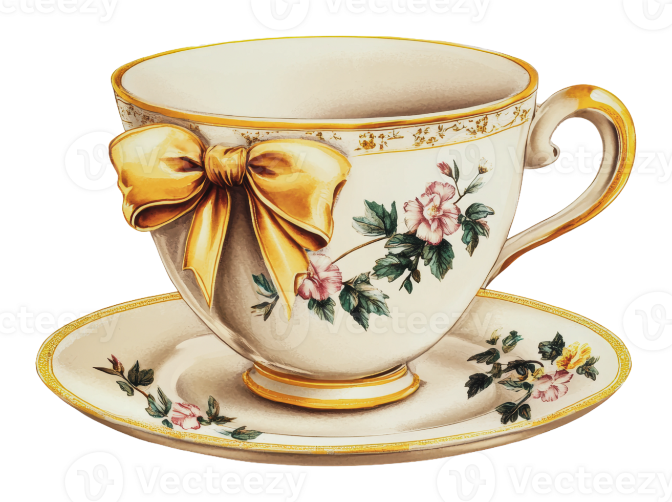 Decorative teacup with floral design and ribbon png